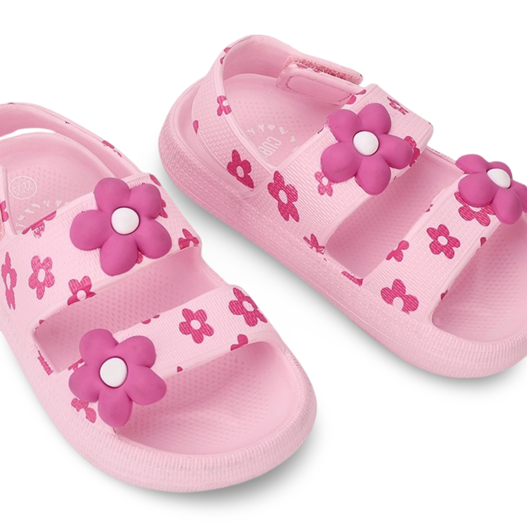 Baby Girls Rubber Sandal – Pink with Flowers Design