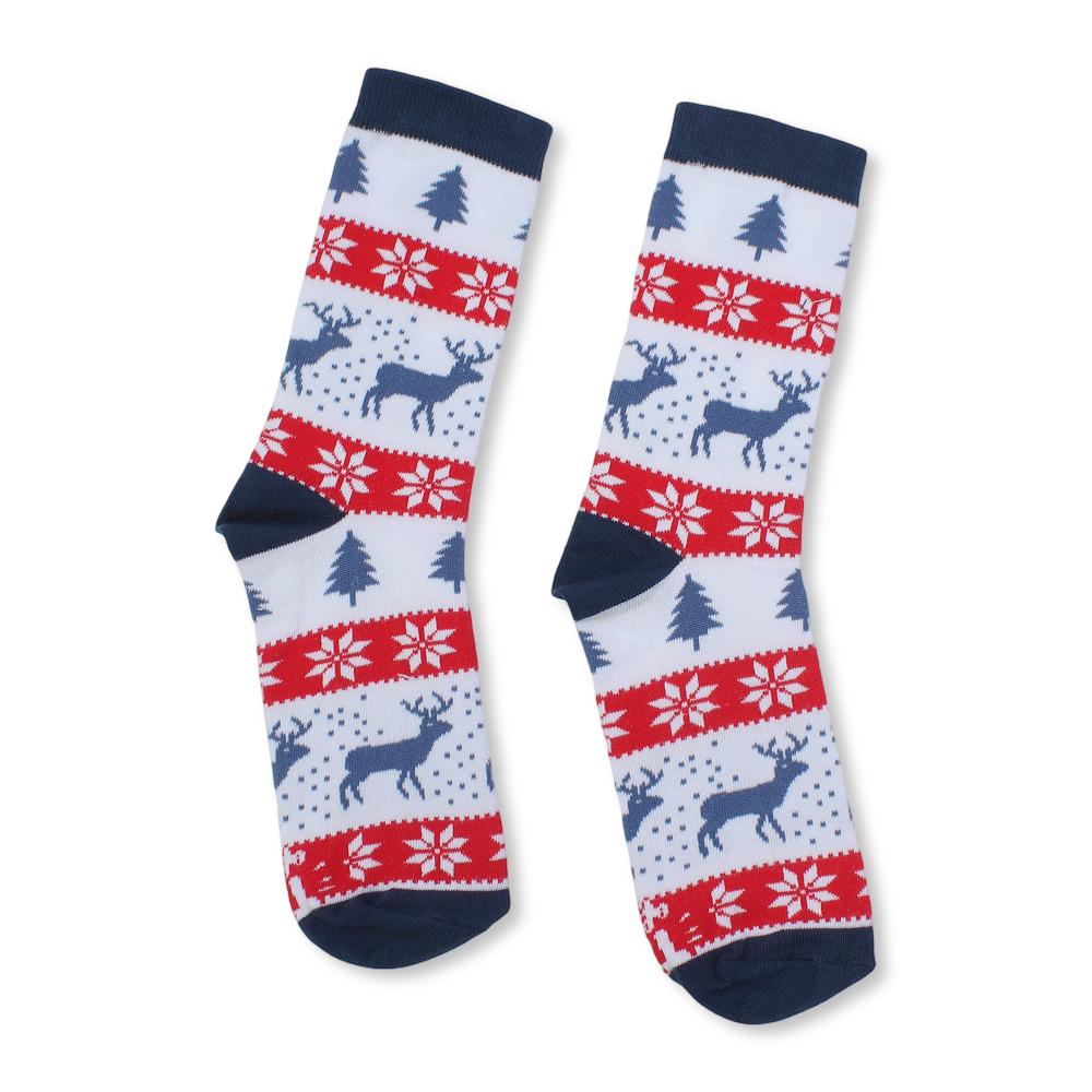 Unisex Cotton Socks – Blue with Reindeer Print