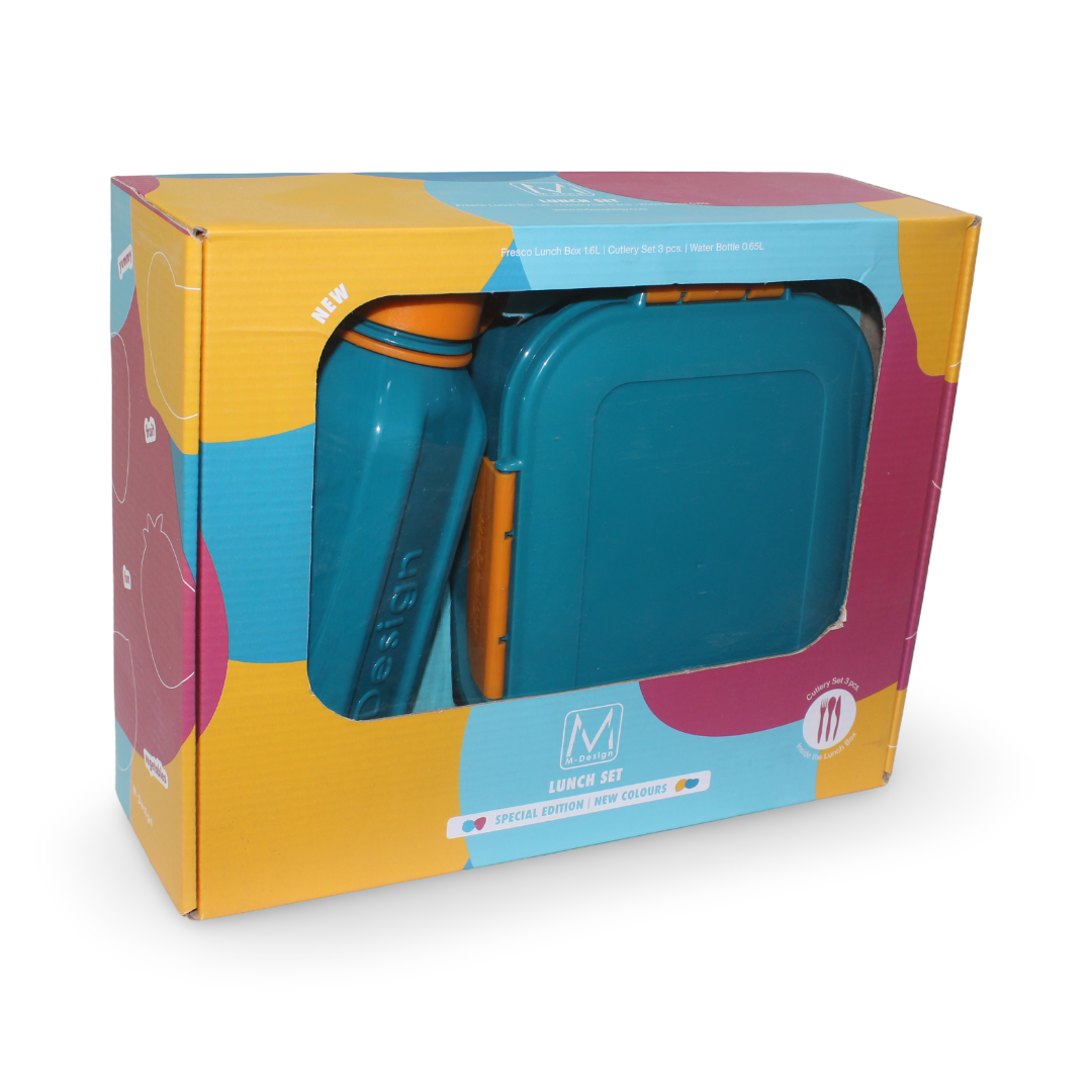M-Design Lunch Set (1.6L Lunch Box & 650ml Water Bottle & Cutlery Set) – Teal/Orange - M Design