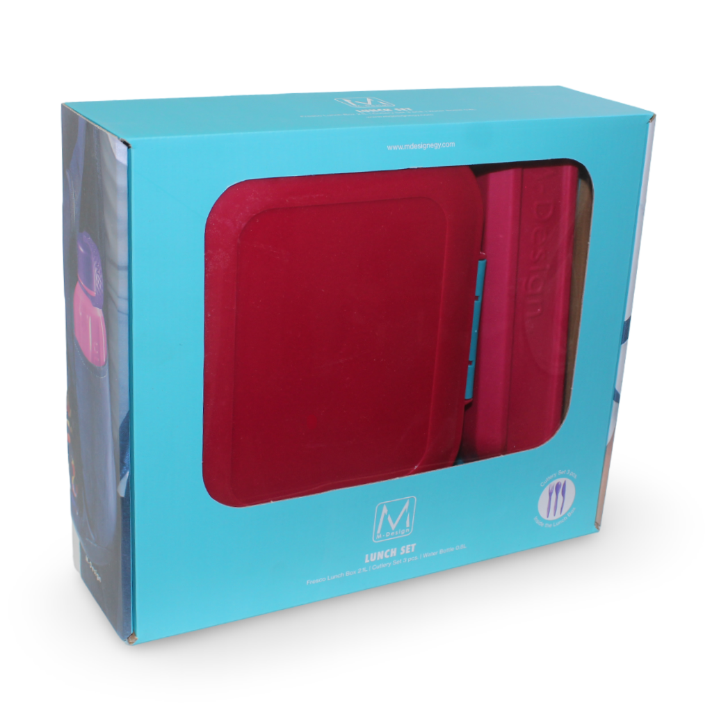 M-Design Lunch Set (2.1L Lunch Box & 800ml Water Bottle & Cutlery Set) – Teal/Fuchsia