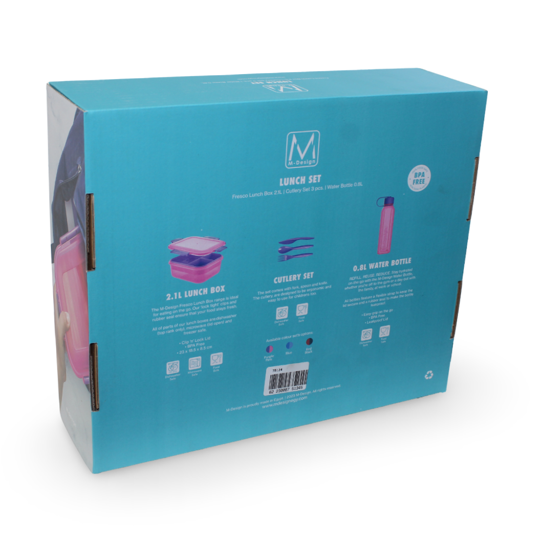 M-Design Lunch Set (2.1L Lunch Box & 800ml Water Bottle & Cutlery Set) – Teal/Fuchsia