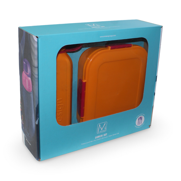 M-Design Lunch Set (2.1L Lunch Box & 800ml Water Bottle & Cutlery Set) – Orange/Fuchsia - M Design