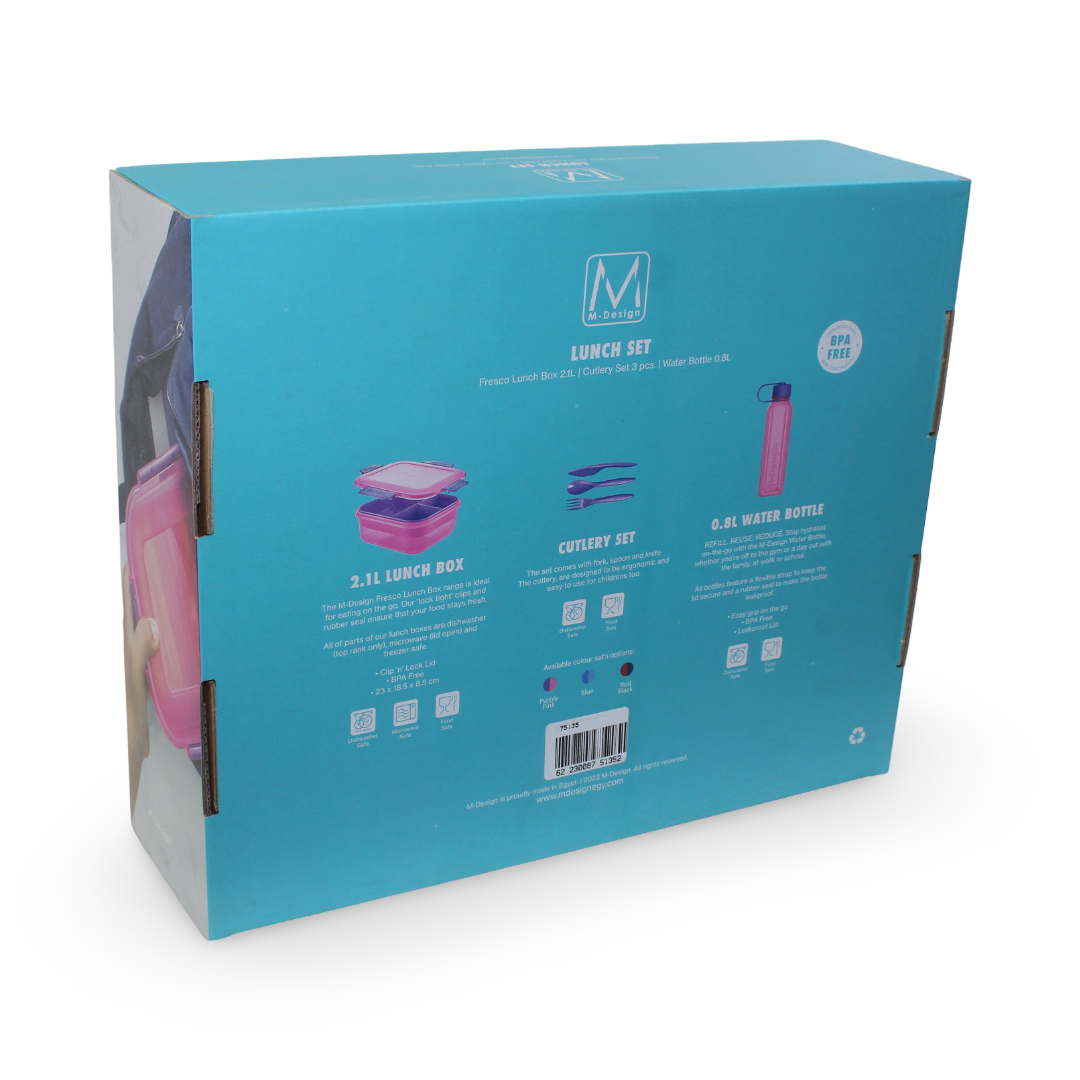 طقم غداء M-Design (صندوق غداء 2.1 لتر وزجاجة ماء 800 مل وطقم أدوات مائدة) – برتقالي/فوشيا