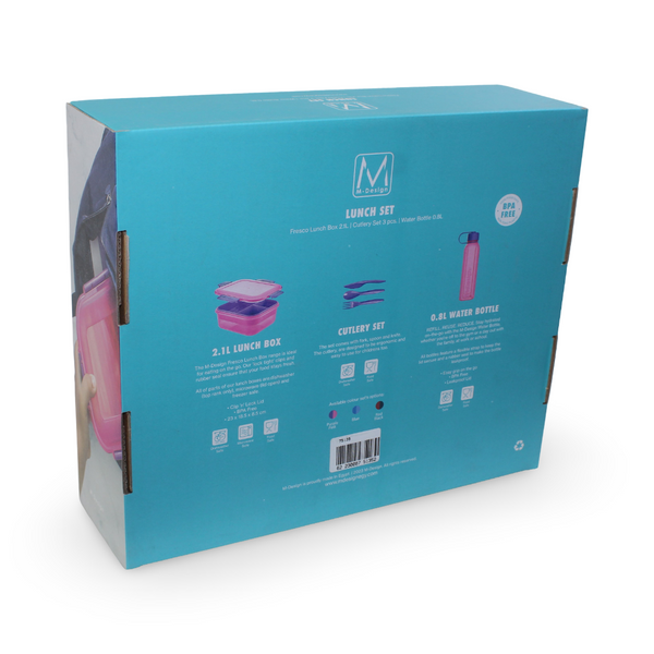طقم غداء M-Design (صندوق غداء 2.1 لتر وزجاجة ماء 800 مل وطقم أدوات مائدة) – برتقالي/فوشيا