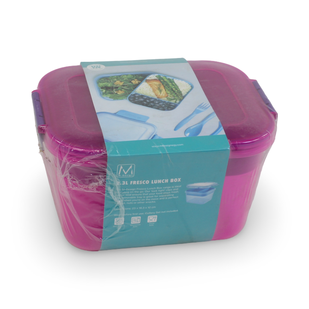 M-Design Fresco Lunch Box 2.3L – Pink with Purple Clips - School - M Design