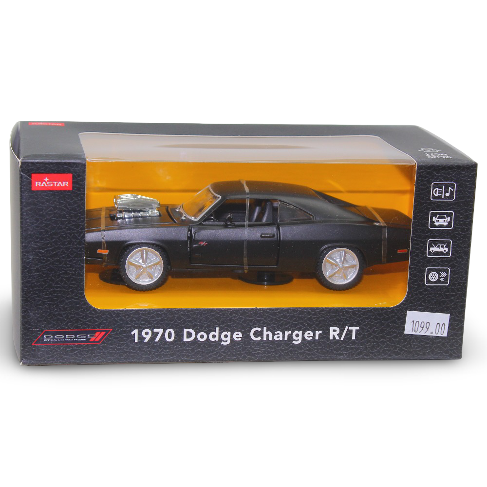 Rastar Die-Cast 1970 Dodge Charger R/T with Engine – 1:36 Scale Model Car (Black)