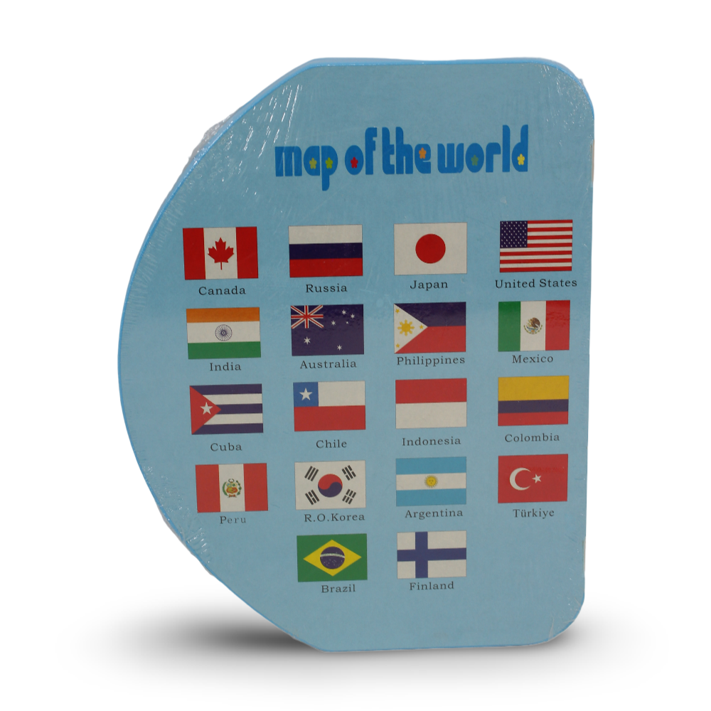 Wooden Map of the World + National Flags