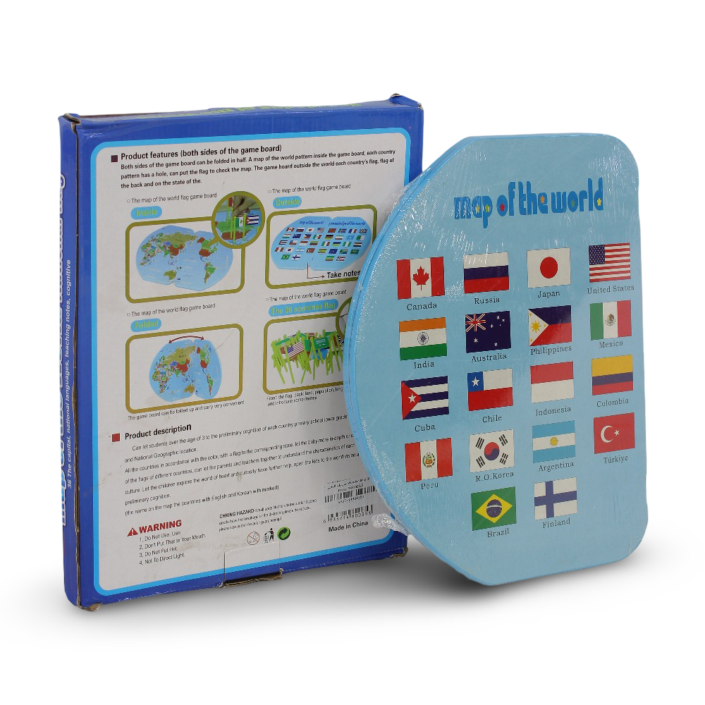 Wooden Map of the World + National Flags