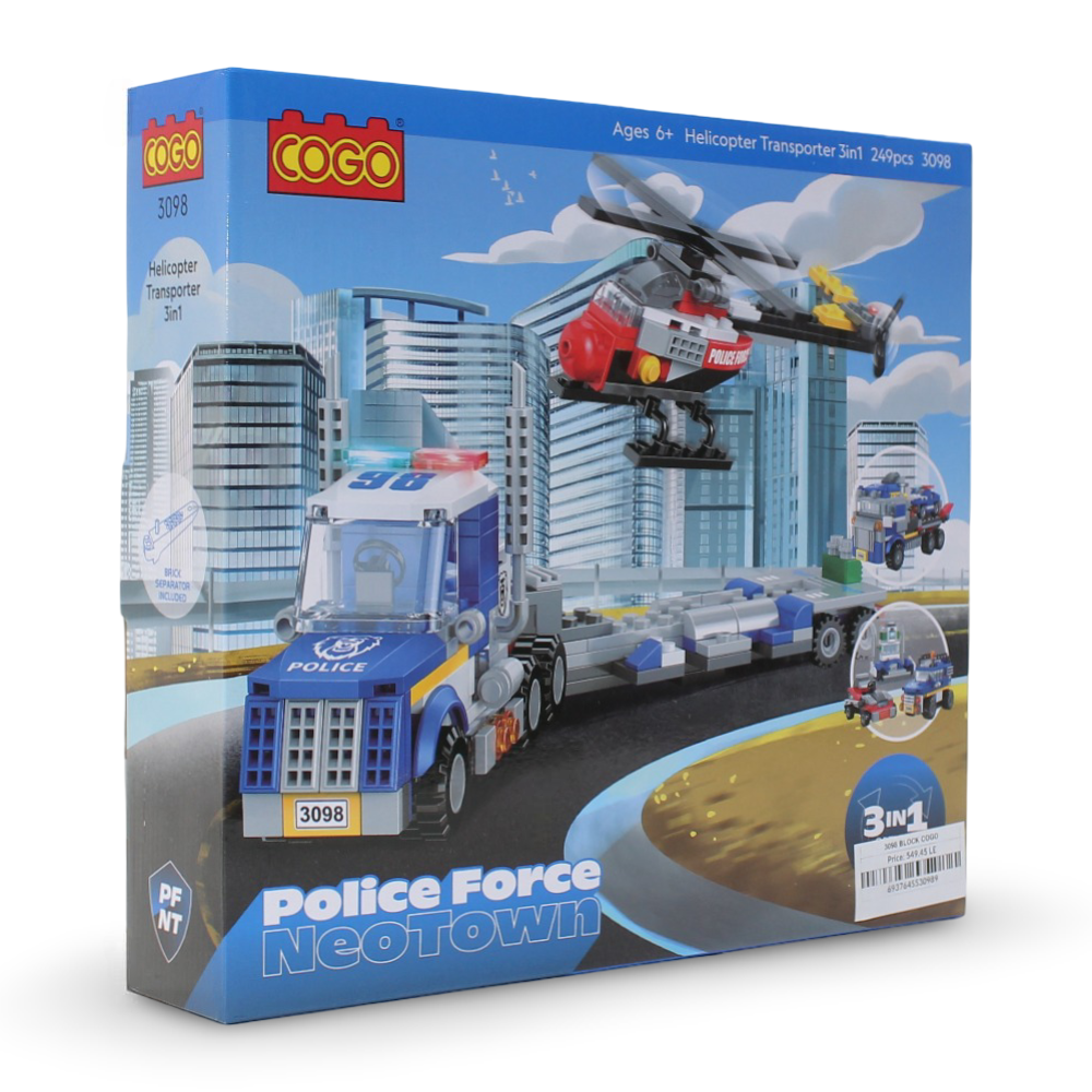 Cogo 3-in-1 Police Force Helicopter Transporter Building Blocks Set – 249 Pieces