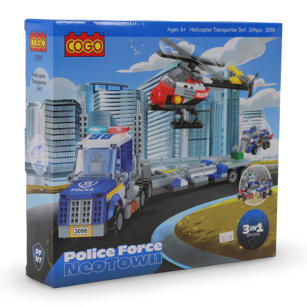 Cogo 3-in-1 Police Force Helicopter Transporter Building Blocks Set – 249 Pieces