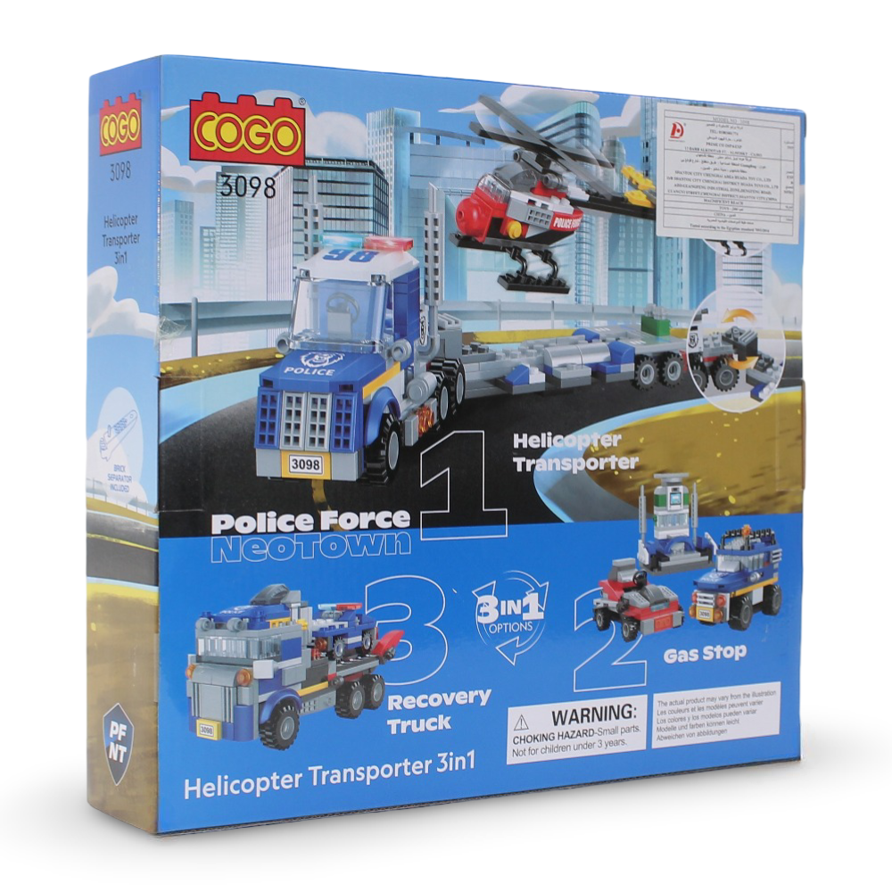 Cogo 3-in-1 Police Force Helicopter Transporter Building Blocks Set – 249 Pieces