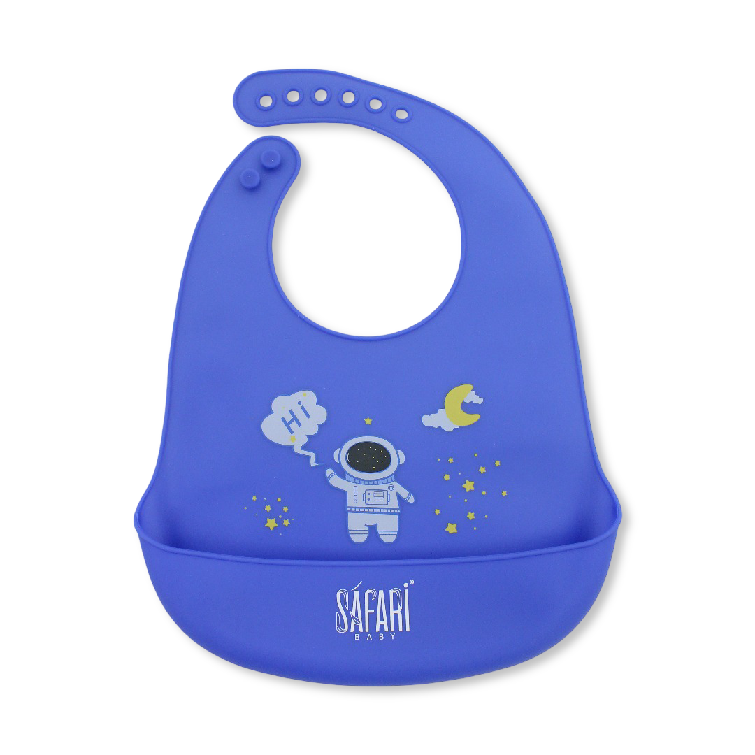 Safari Baby Silicone Bib with Pocket – Blue with Astronaut Print