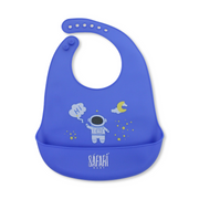 Safari Baby Silicone Bib with Pocket – Blue with Astronaut Print