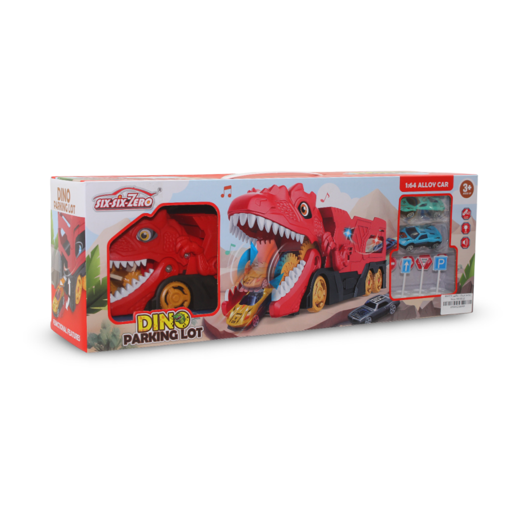 Six-Six-Zero Dino Parking Lot Red T-Rex Dinosaur Car Carrier and Track Playset