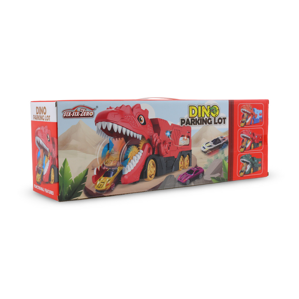 Six-Six-Zero Dino Parking Lot Red T-Rex Dinosaur Car Carrier and Track Playset