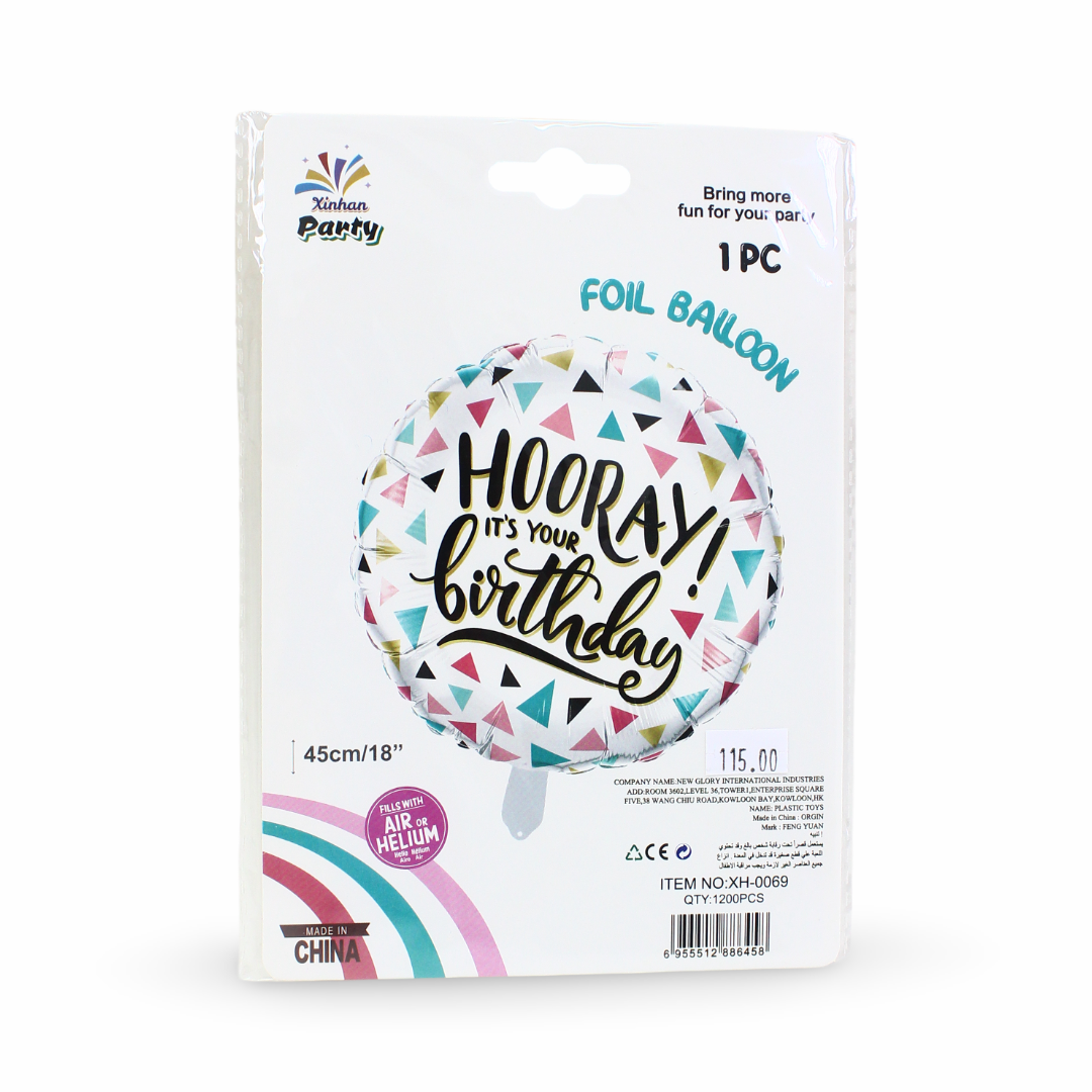 18-Inch Hooray It’s Your Birthday Foil Balloon – Geometric Print