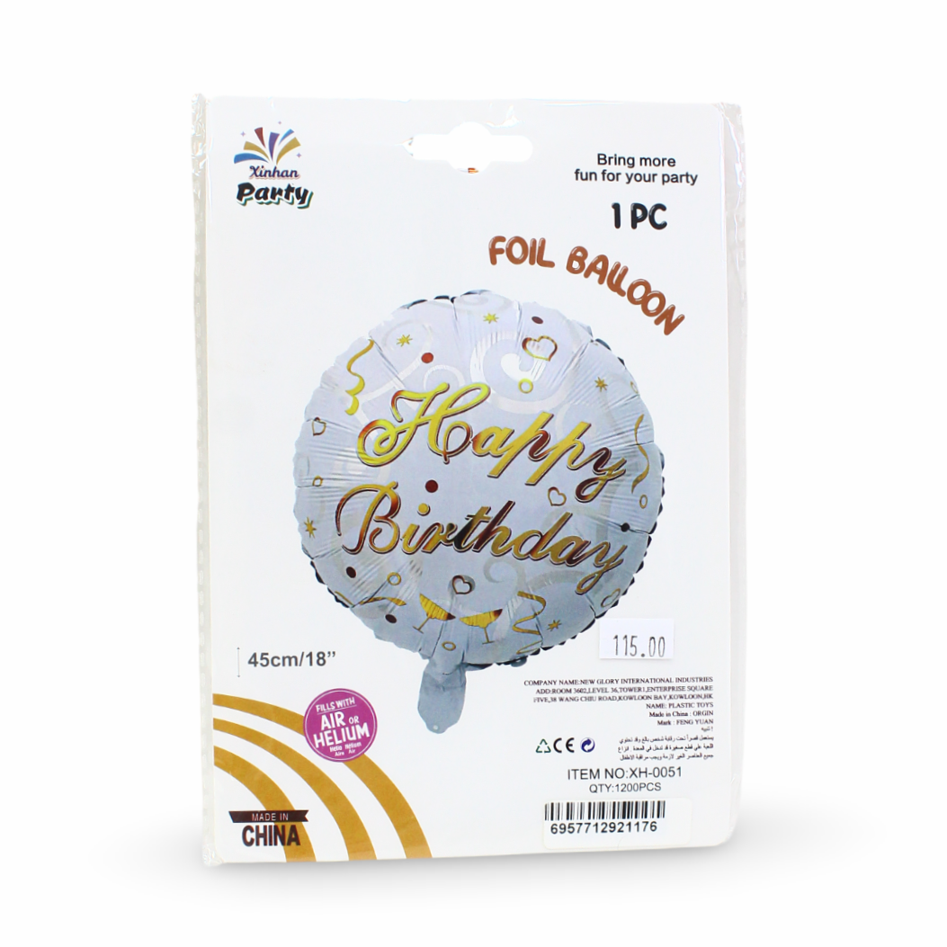 18-Inch Happy Birthday Foil Balloon – Silver & Gold