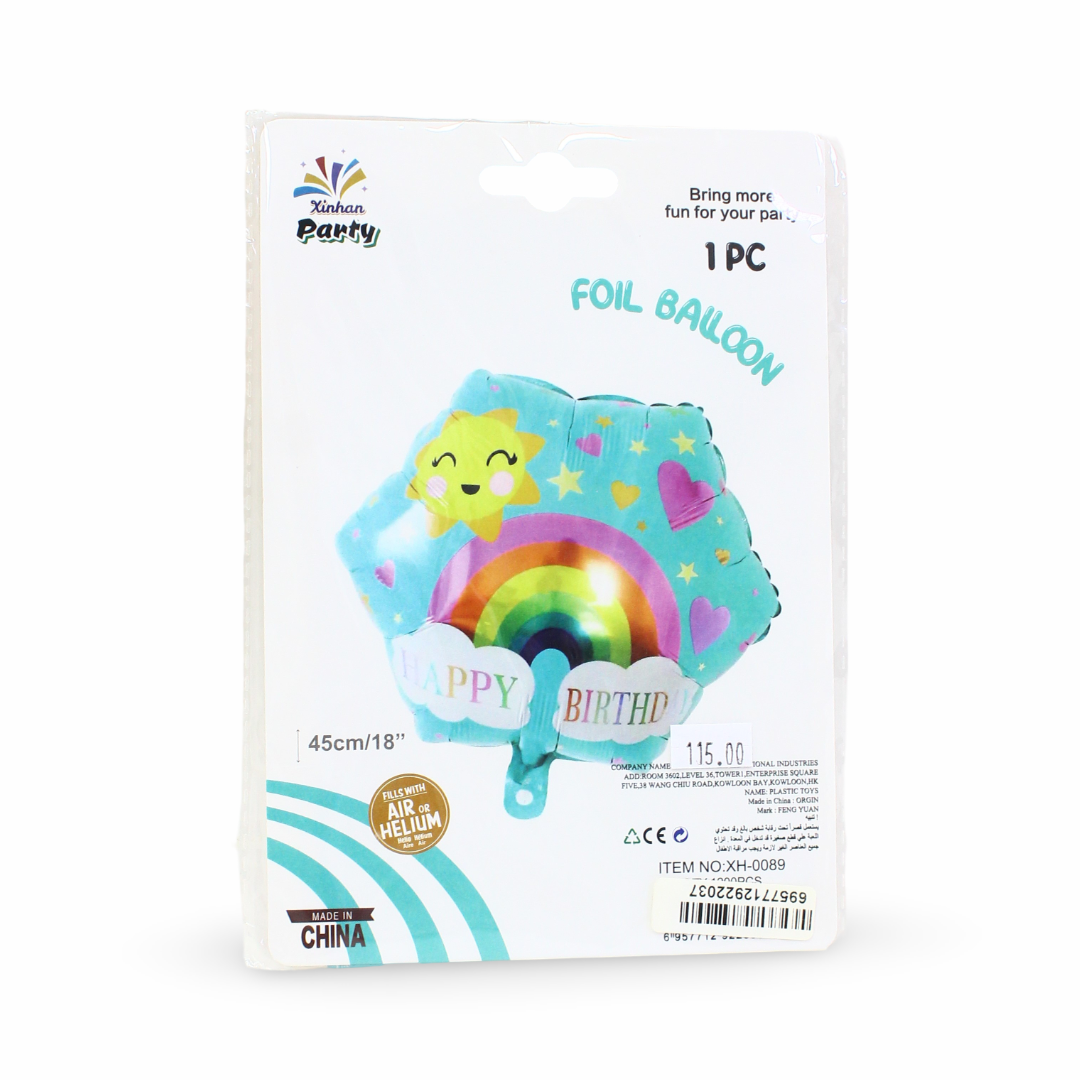 18-Inch Happy Birthday Foil Balloon – Rainbow & Sun Design