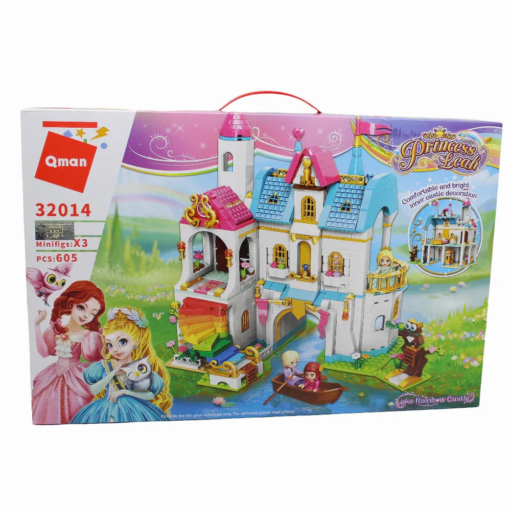Princess Leah Lake Rainbow Castle Building Blocks - 605 Pcs - Toys - Qman