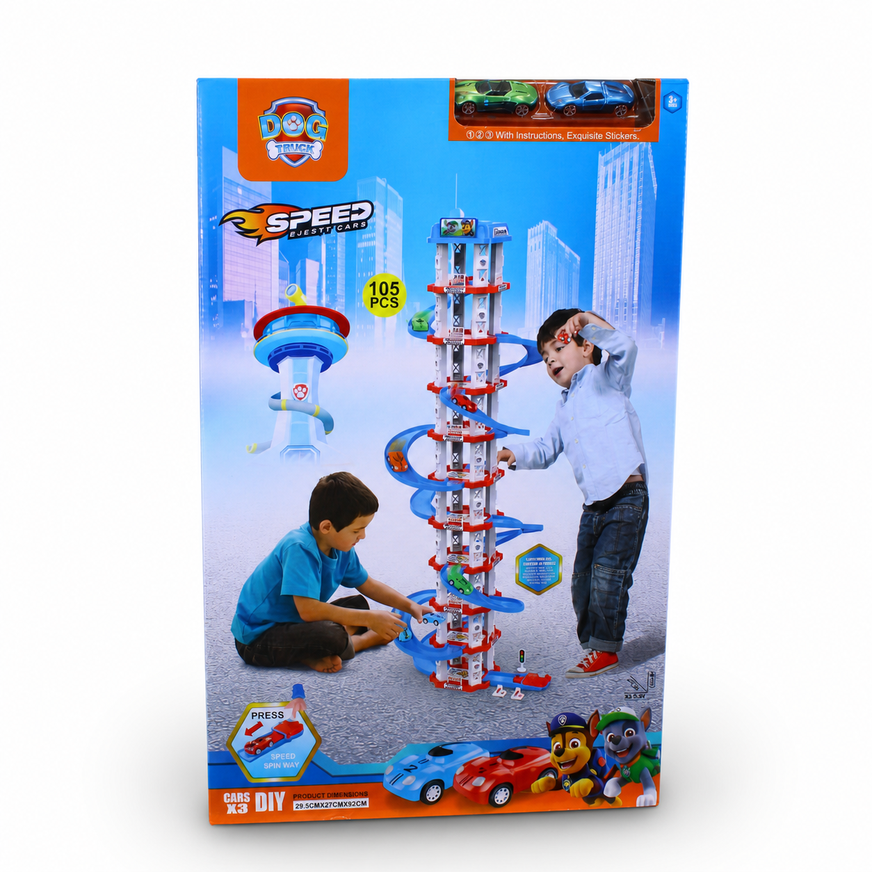 Paw Patrol Style Multi Level Parking and Racing Track Tower Playset – 105 Pcs
