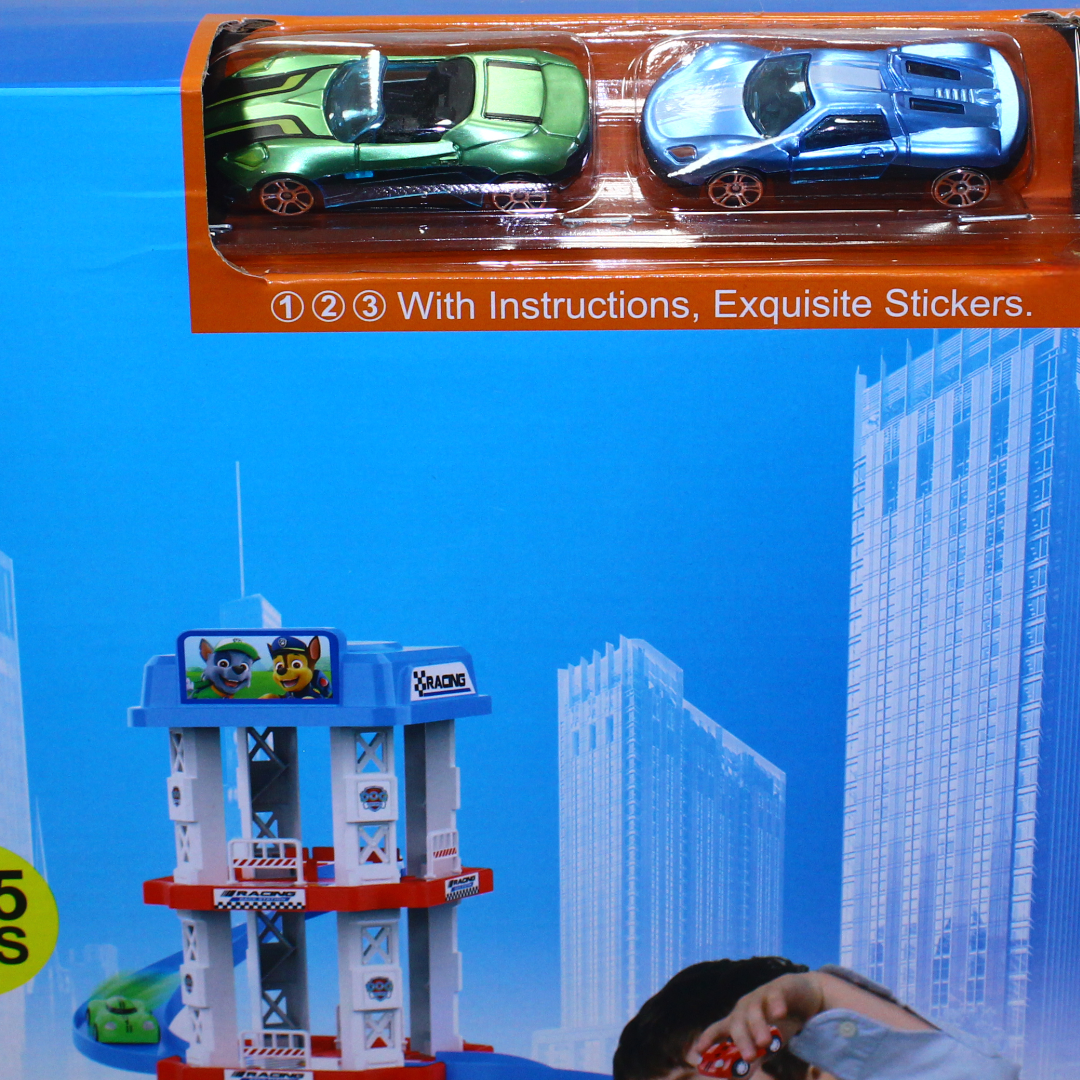 Paw Patrol Style Multi Level Parking and Racing Track Tower Playset – 105 Pcs