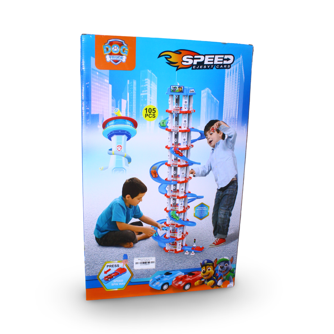 Paw Patrol Style Multi Level Parking and Racing Track Tower Playset – 105 Pcs