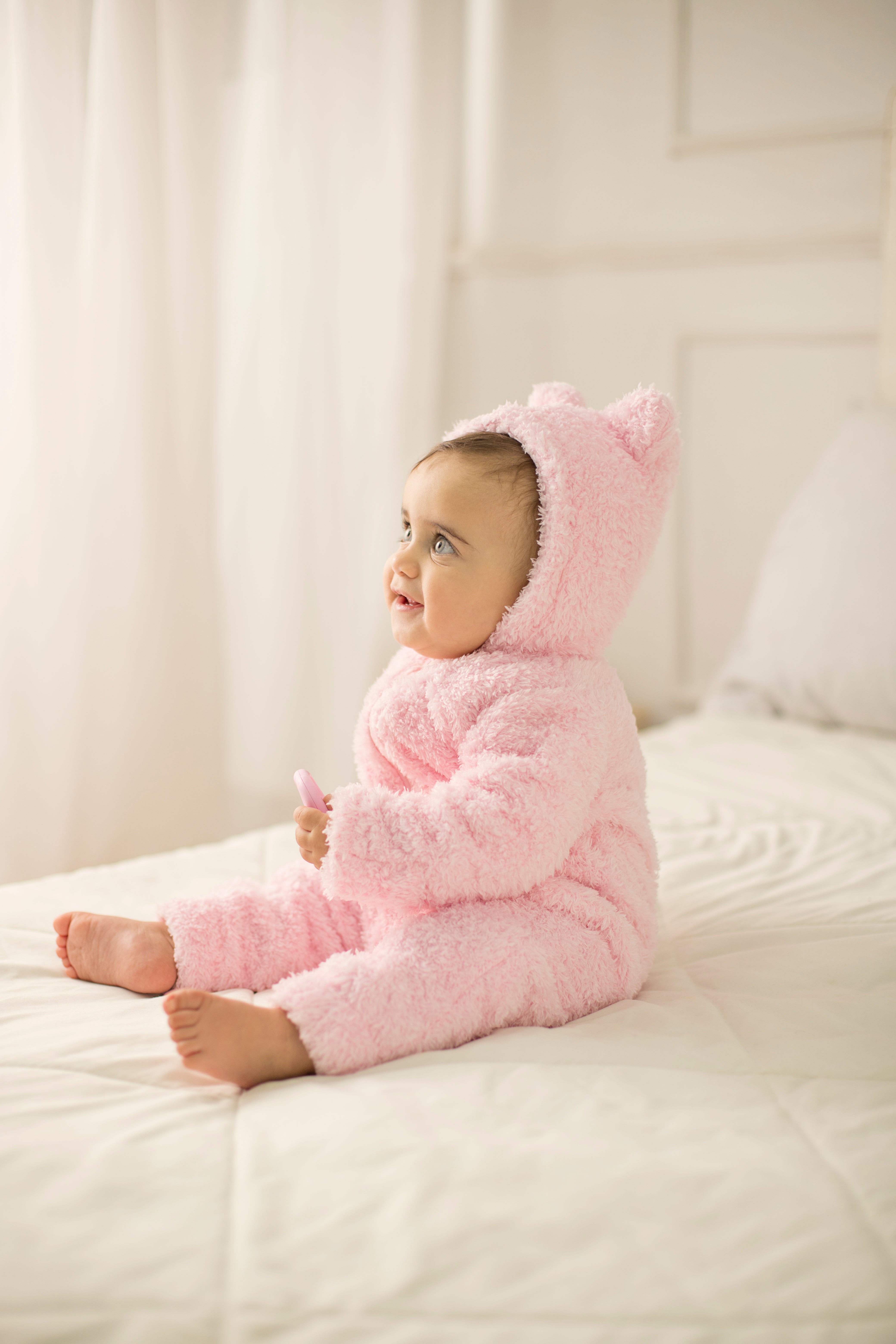 Baby Girls Fleeced Hooded Footless Onesie – Pink