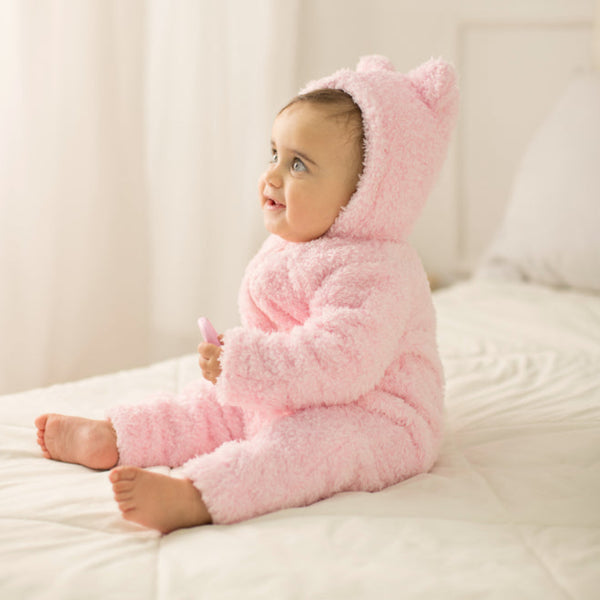 Baby Girls Fleece Hooded Footless Onesie – Pink