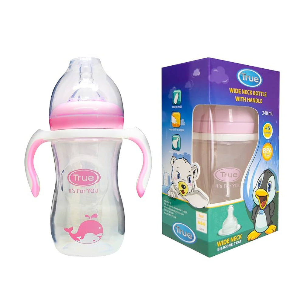 True Wide Neck Feeding Bottle with Handles 240ml – Pink