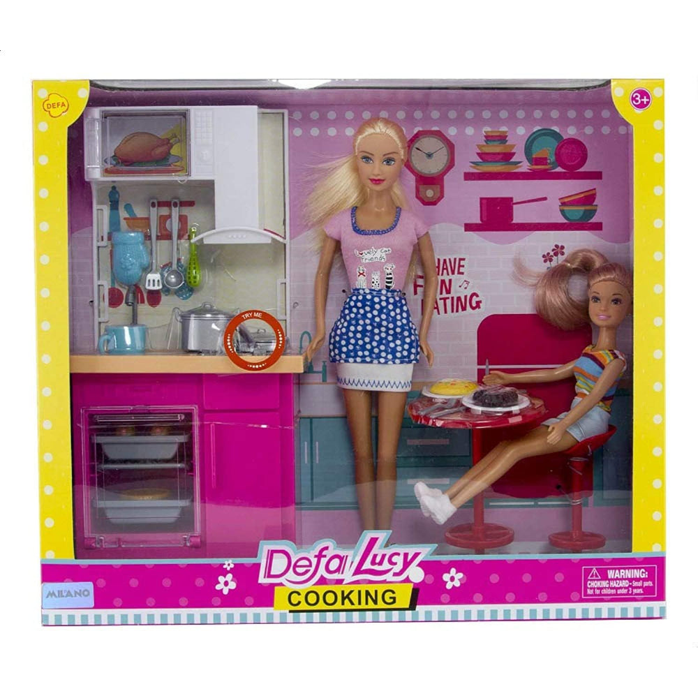 Defa Lucy Set of 2 Bendable Dolls with Kitchen & Accessories – Light-Up Playset!