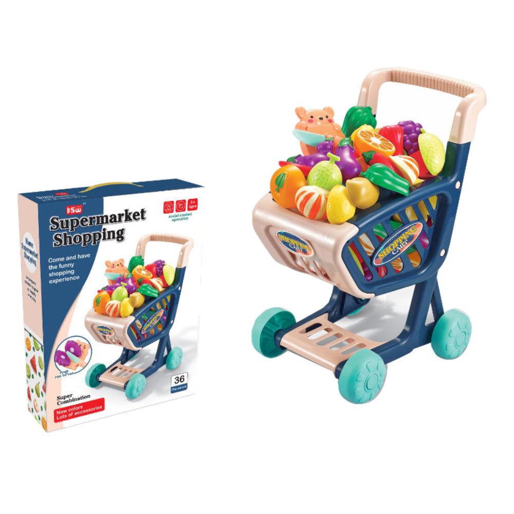 Kids Shopping Cart with Cutting Vegetables – Navy Blue