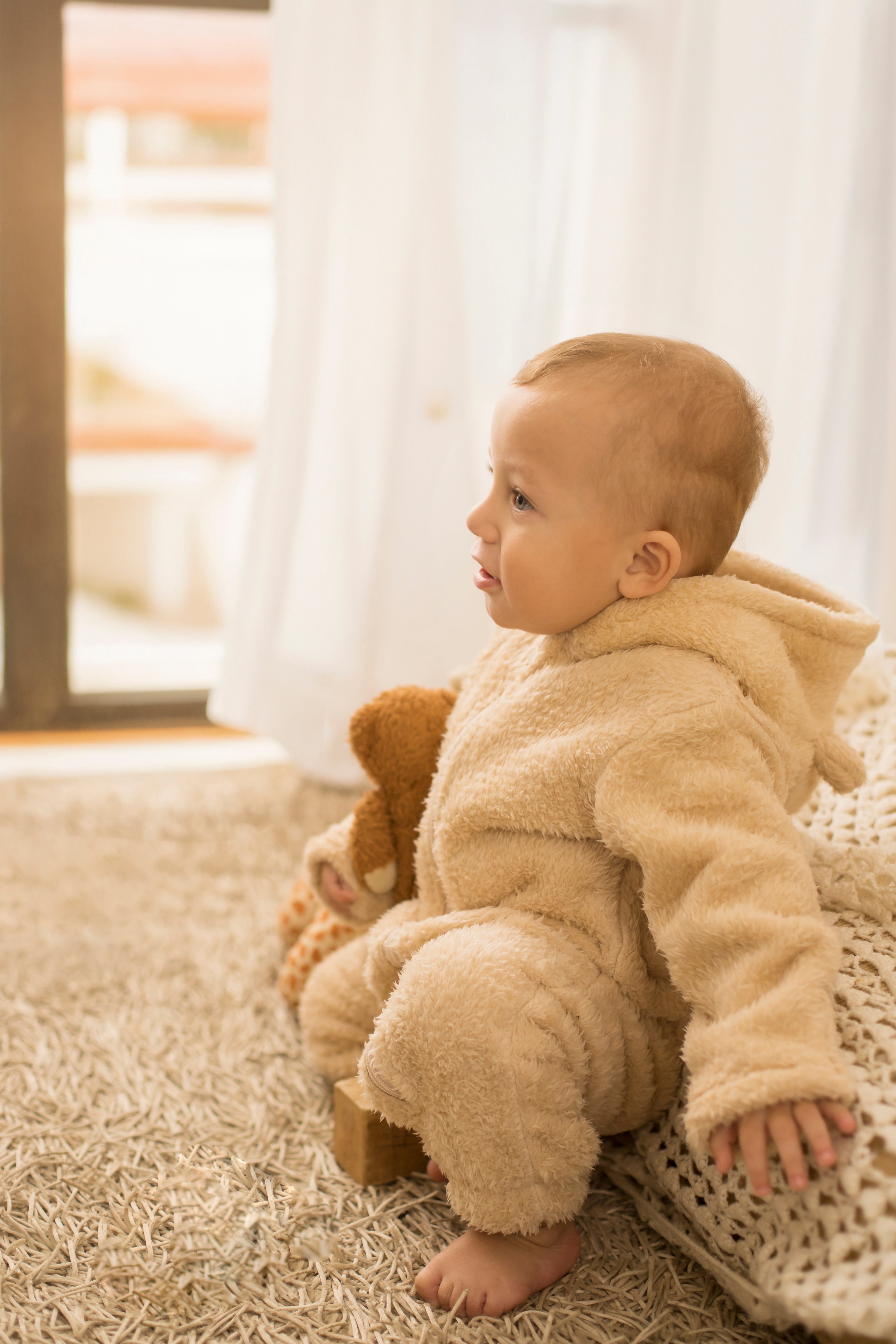 Unisex Baby Teddy Fleeced Hooded Footless Onesie – Beige