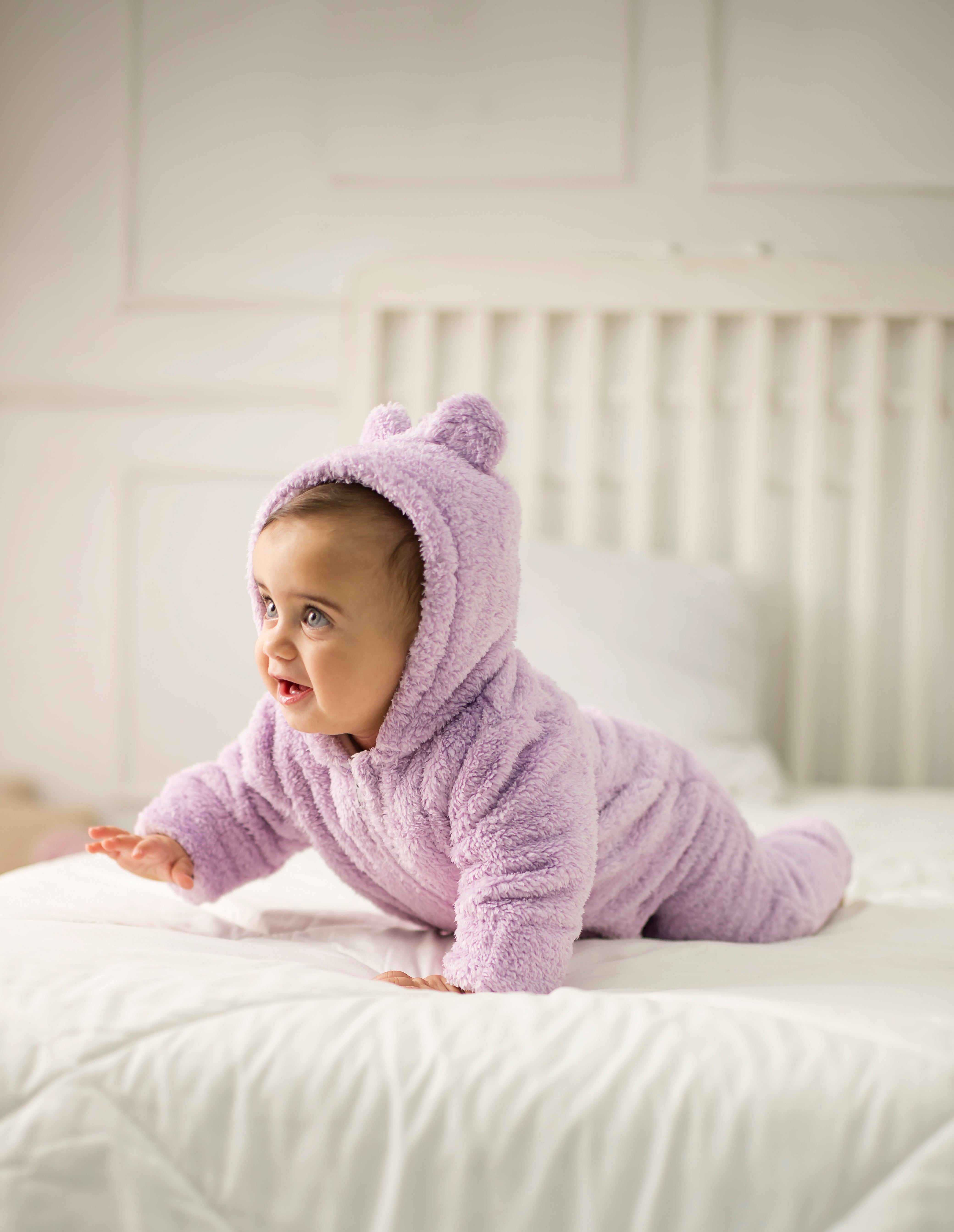 Baby Girls Fleeced Hooded Footless Onesie – Purple with Teddy Design