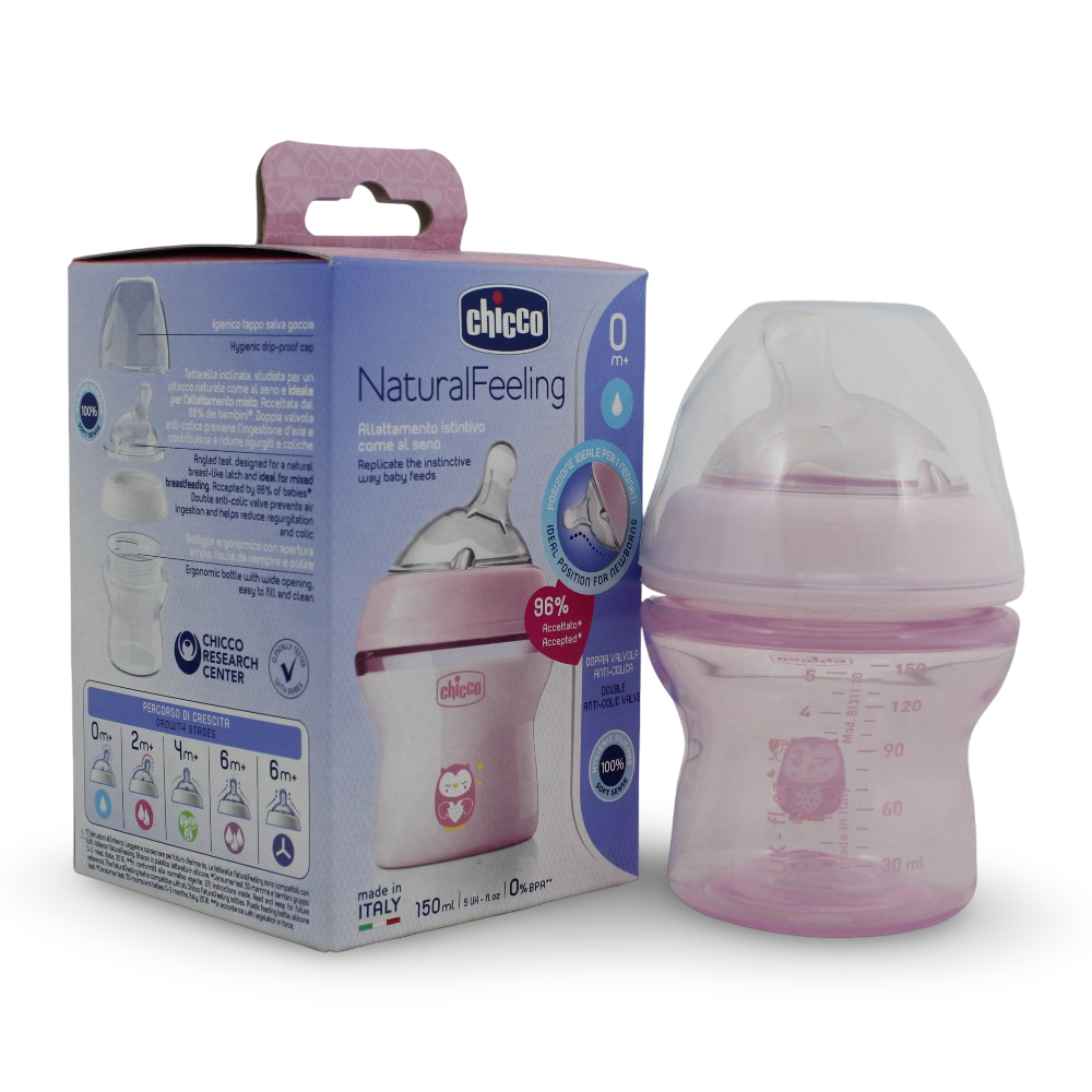 Chicco Natural Feeling Plastic Bottle 150 ml (0+ Months) Pink - Baby Essentials