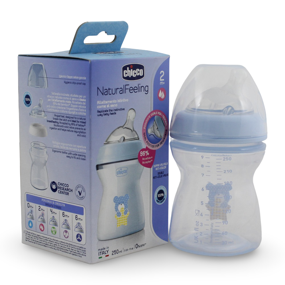 Chicco Natural Filling Plastic Bottle 250 ml (2+ Months) Blue - Baby Essentials