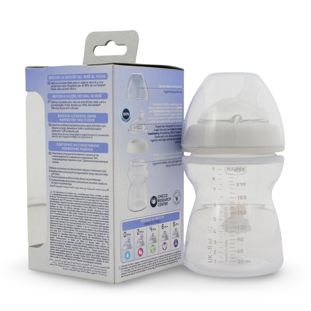 ببرونة رضاعة ناتشورال فيلينج المضادة للمغص للاطفال من شيكو، 250 مل، لعمر 2 شهر فما فوق،تدفق متوسط