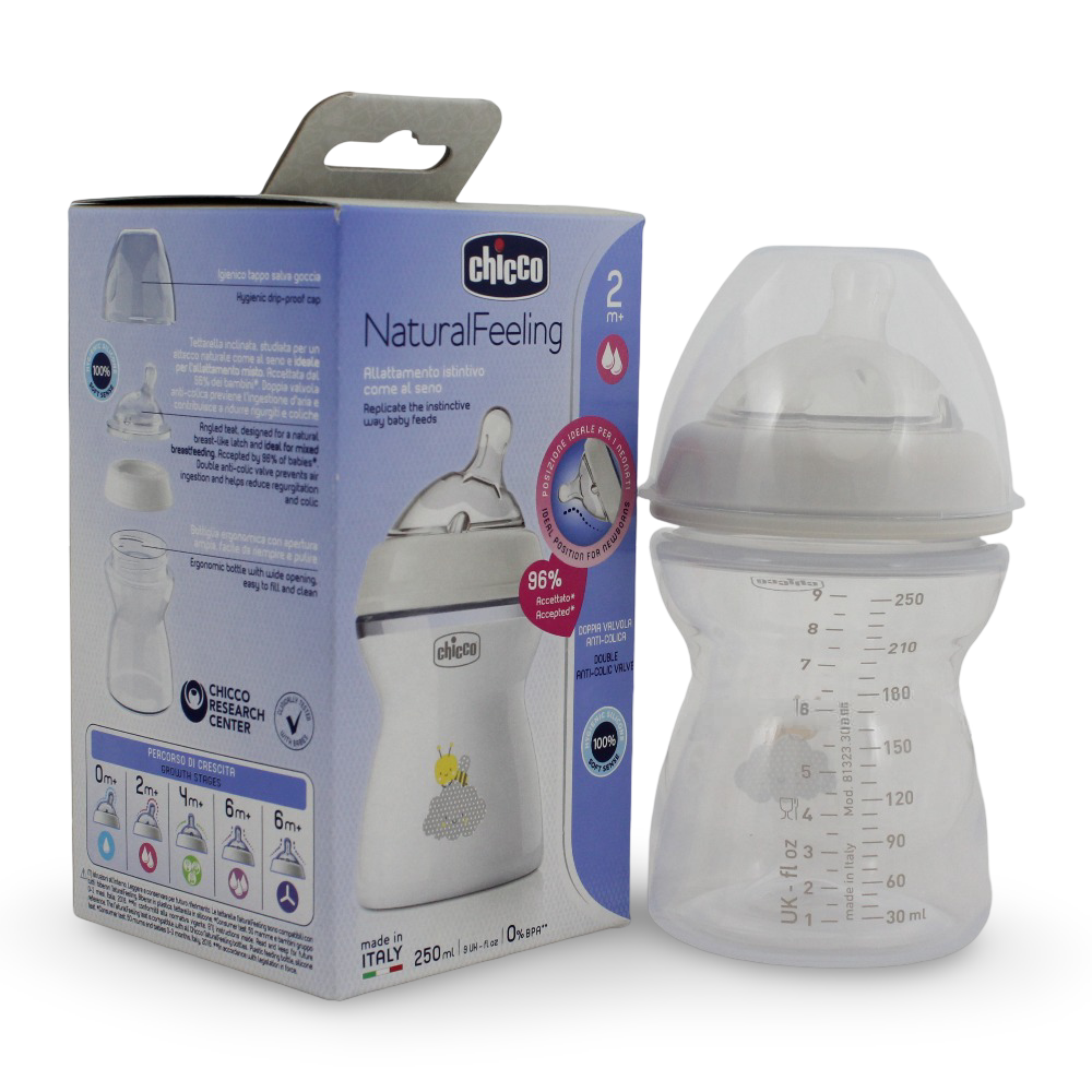 ببرونة رضاعة ناتشورال فيلينج المضادة للمغص للاطفال من شيكو، 250 مل، لعمر 2 شهر فما فوق،تدفق متوسط