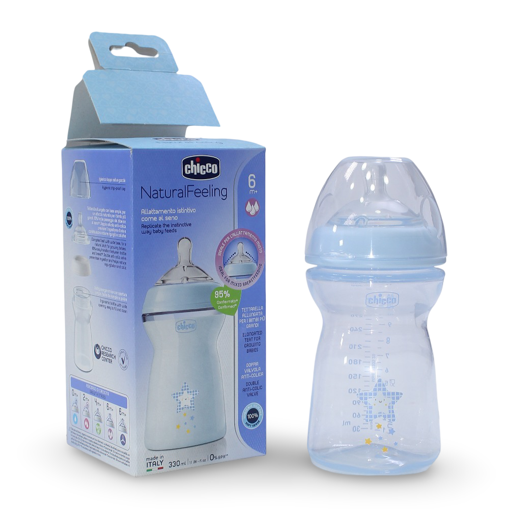 Blue Chicco Natural Feeling Bottle Fast Flow 330 ml (6+ Months) - Baby Essentials