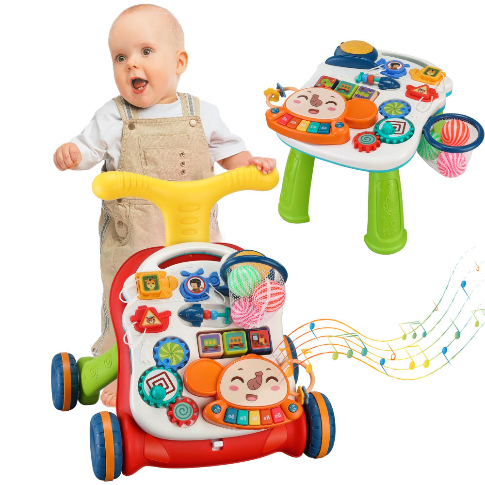 2-in-1 Musical Baby Stroller and Activity Table – Red