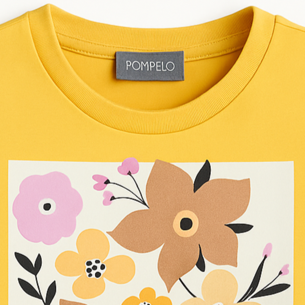 Girls Cotton Ruffled Shoulders T-Shirt – Yellow with a Flower Print