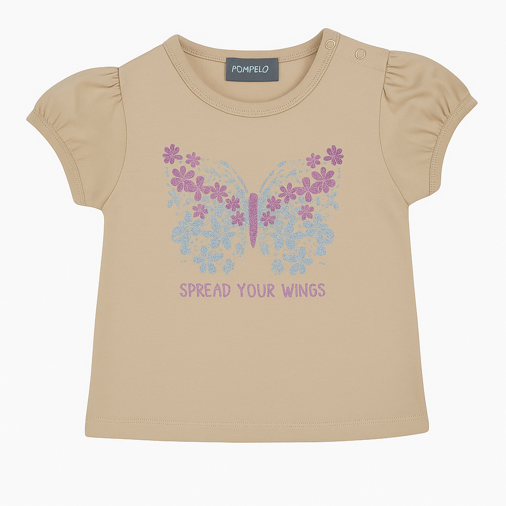 Baby Girls Cotton T-Shirt – Beige with Butterfly Design