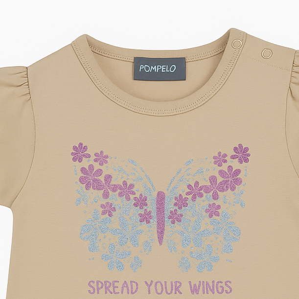 Baby Girls Cotton T-Shirt – Beige with Butterfly Design