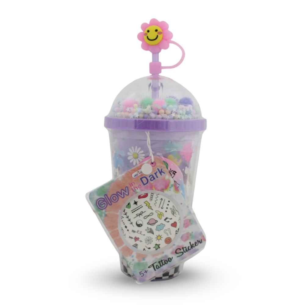 Hot Focus Purple Flask with Straw + Glow-in-the-Dark Tattoo Stickers