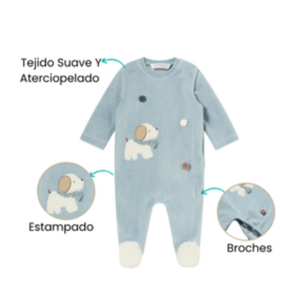 Baby  Boys Velvet Baby Footie - Dog Embroidery