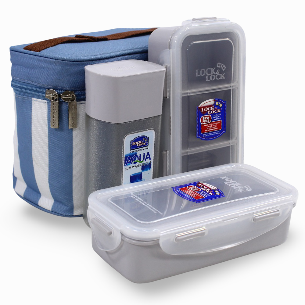 Lock n' Lock Lunch Box with a Lunch Bag – White & Blue