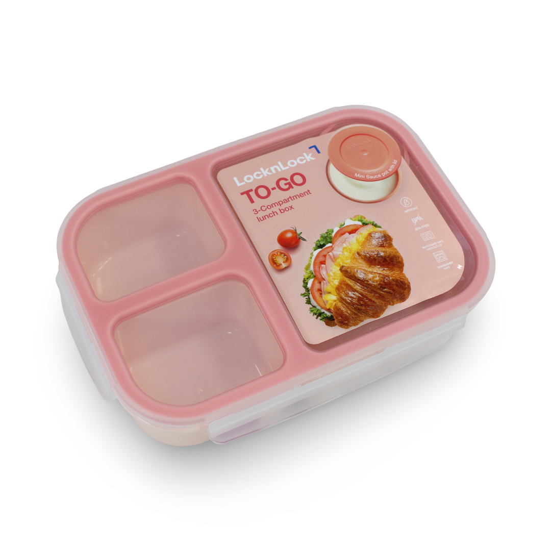 Lock n' Lock To-Go 3-Compartment Lunch Box 980ml – Pink - School
