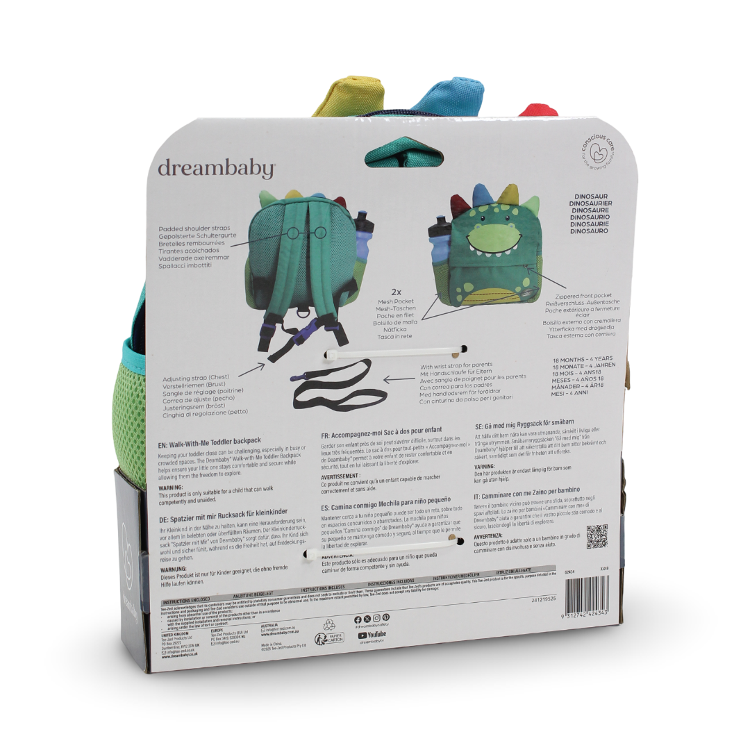 Dreambaby Walk-With-Me Dinosaur Toddler Backpack with Parent Safety Strap – Green