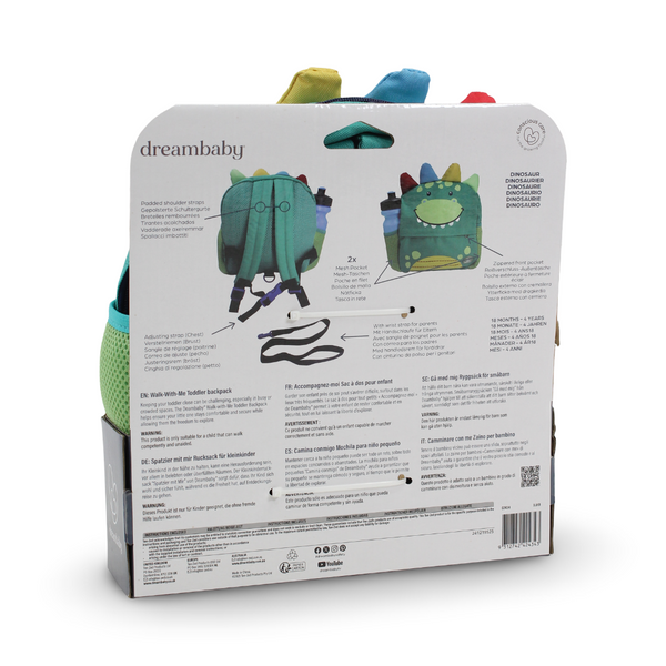 Dreambaby Walk-With-Me Dinosaur Toddler Backpack with Parent Safety Strap – Green