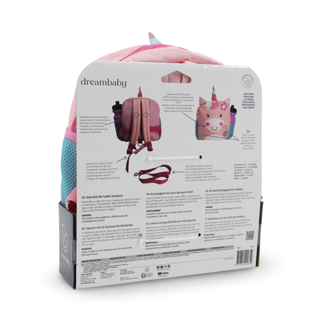 Dreambaby Walk-With-Me Unicorn Toddler Backpack with Parent Safety Strap – Pink