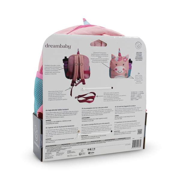Dreambaby Walk-With-Me Unicorn Toddler Backpack with Parent Safety Strap – Pink